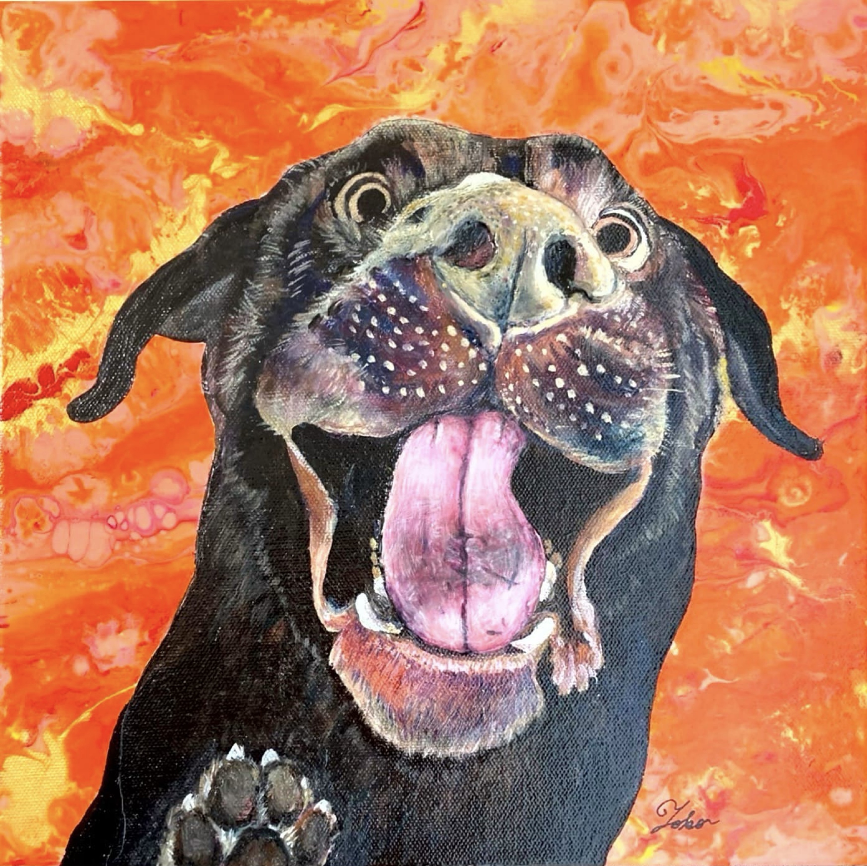 EGGNWORKS エッグンワークス ツクルヒトタチ size300×300㎜
アクリル絵具と油絵のミクストメディア モデリングペーストで盛り上げリアルに仕上げて、油絵で描いています。
背景はポーリングアートで雀のイメージの色。絵具を流して模様を製作しました。　珱子