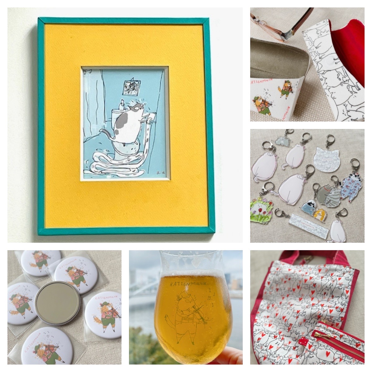 EGGNWORKS エッグンワークス ツクルヒトタチ グリーティングカード、額装済みのカードやイラスト、布小物（バッグ、ポーチ、メガネケース、トレイ）、クリアファイル、マグカップ、グラス、アクリルキーホルダー、タオルハンカチ　Katzenmusik